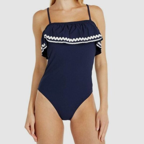 J Crew Ruffle Bandeau 1-Pc Swimsuit, NTW Navy Sz 14 - Picture 2 of 3